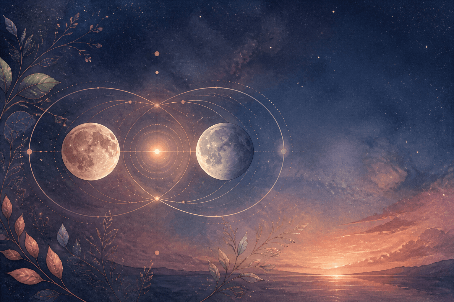 Two luminous moons moving along shared orbital paths in a warm twilight sky.