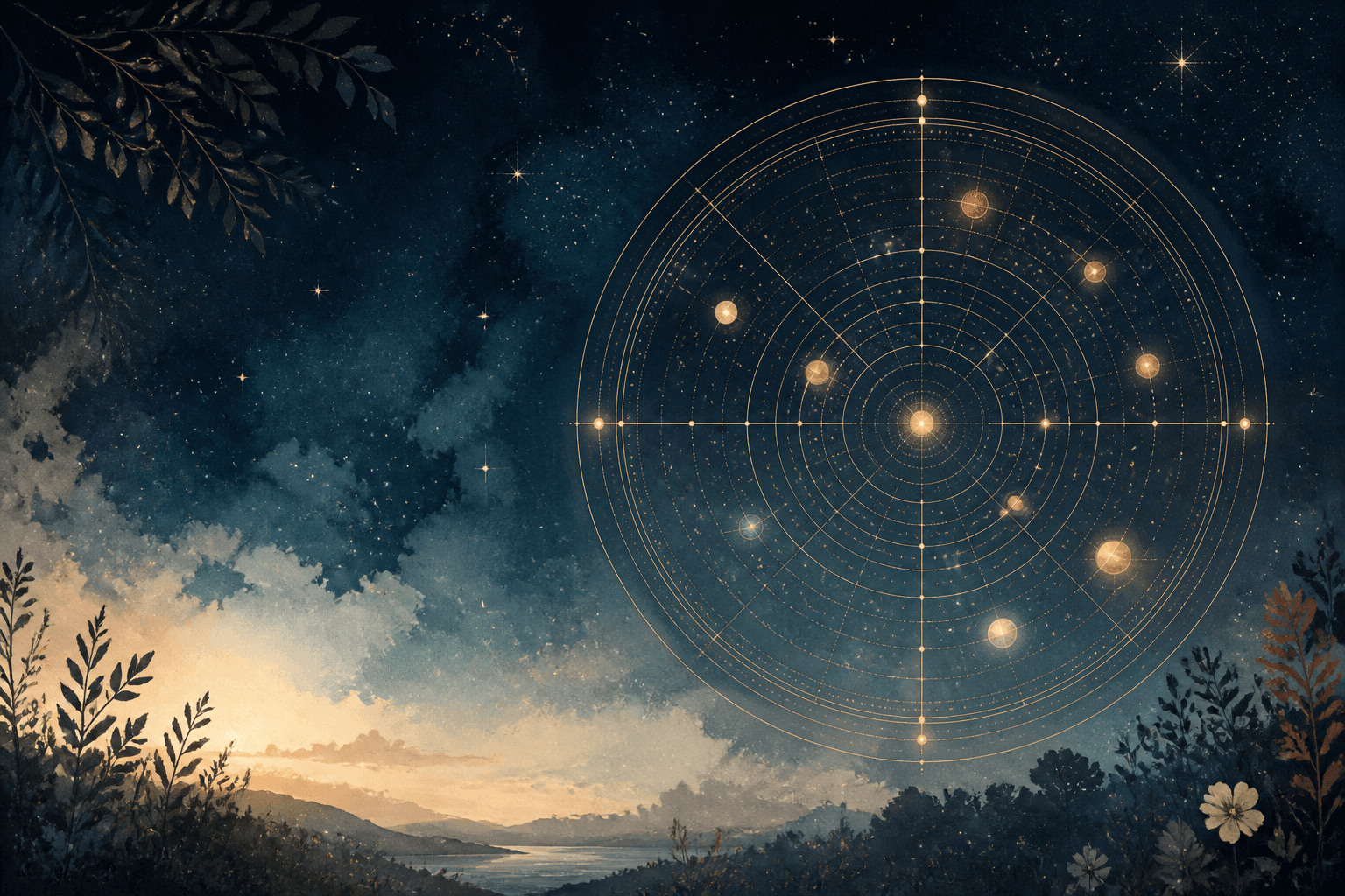 A luminous natal chart wheel above a quiet landscape under a deep blue sky.