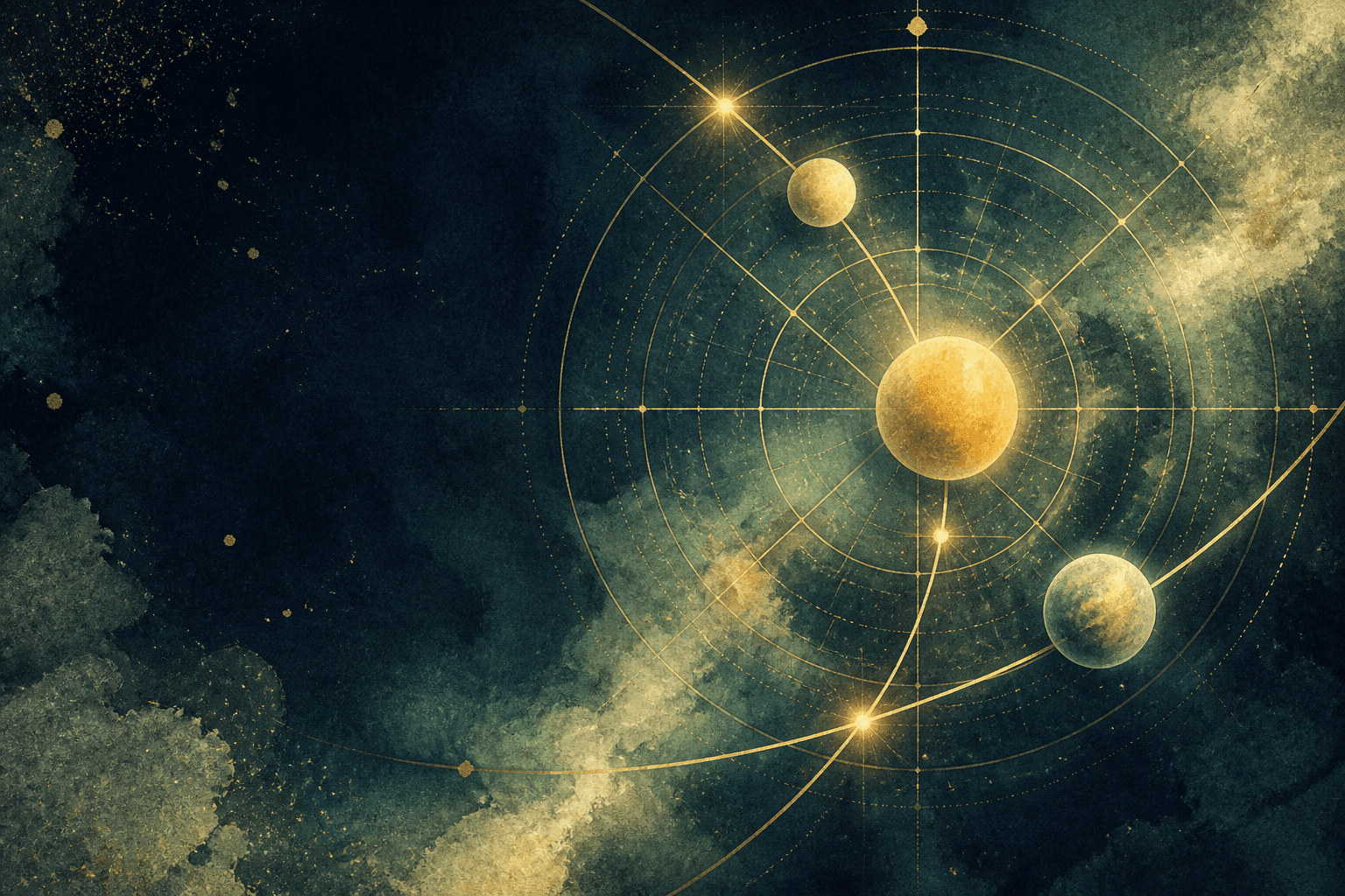 Bright planets crossing fine orbital arcs over a translucent circular chart.