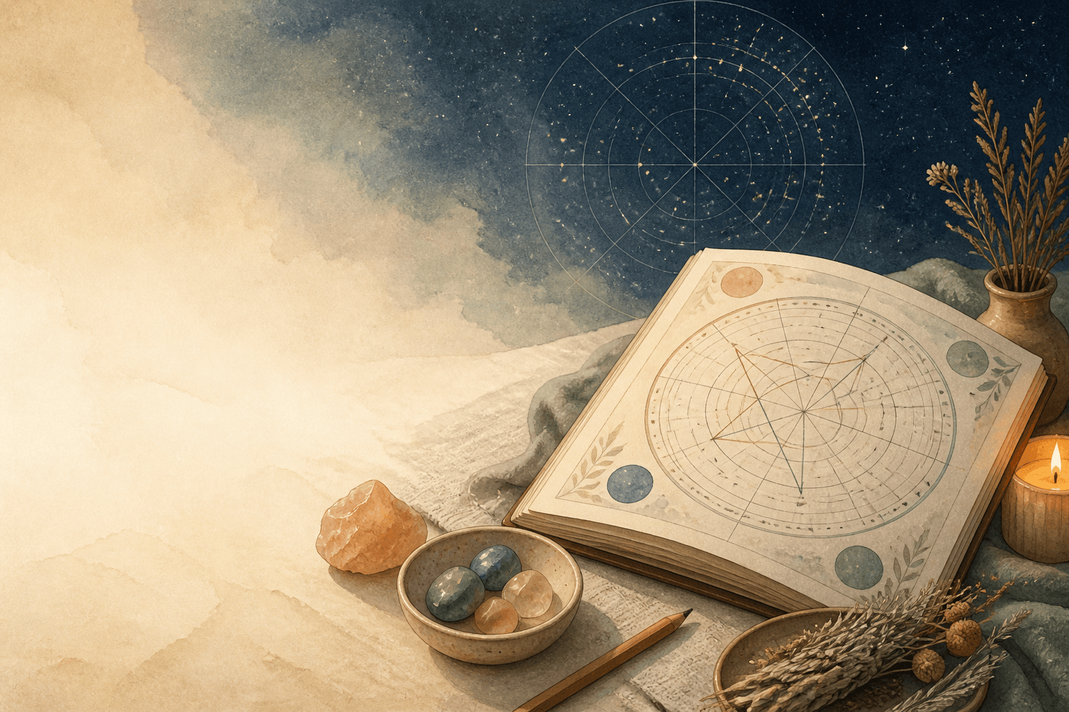 An illustrated chart wheel and study objects resting on a warm editorial table.