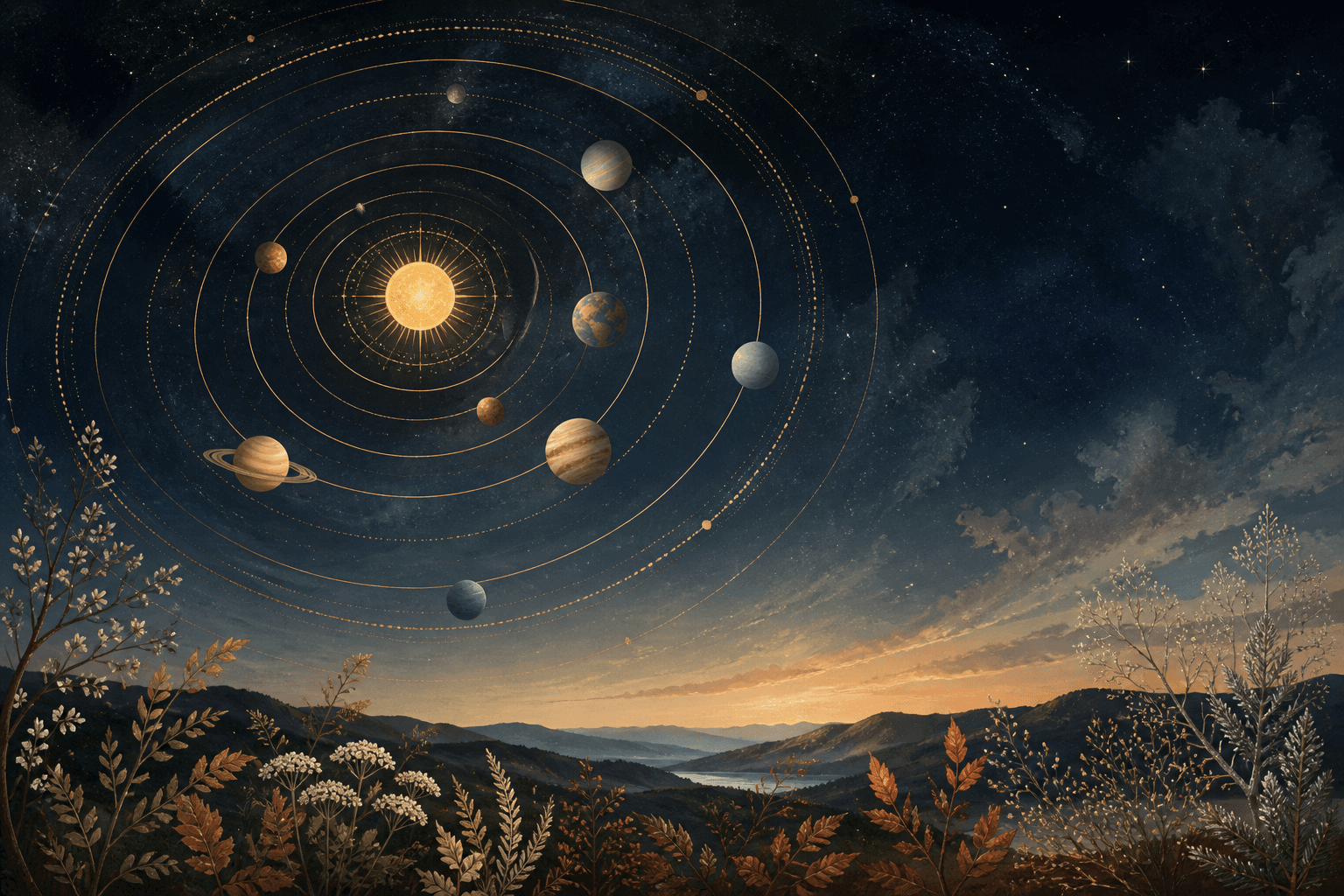 Luminous planets tracing slow concentric orbits over a layered landscape.