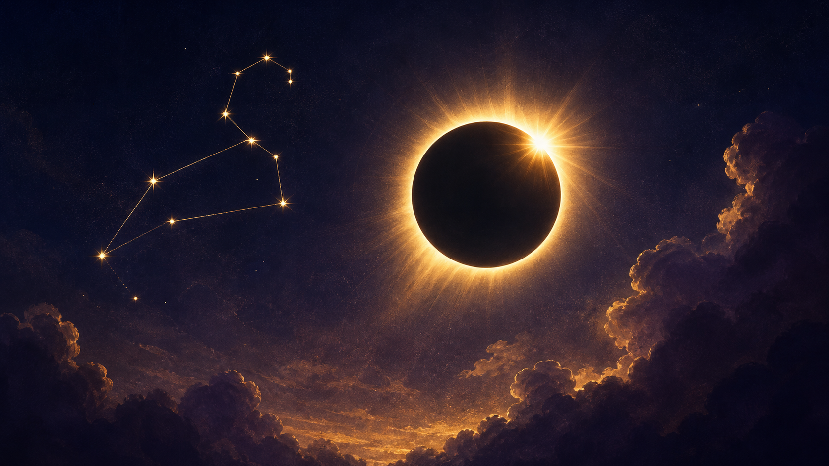 Éclipse solaire totale dorée dans un ciel sombre du Lion pour l’horoscope d’août 2026