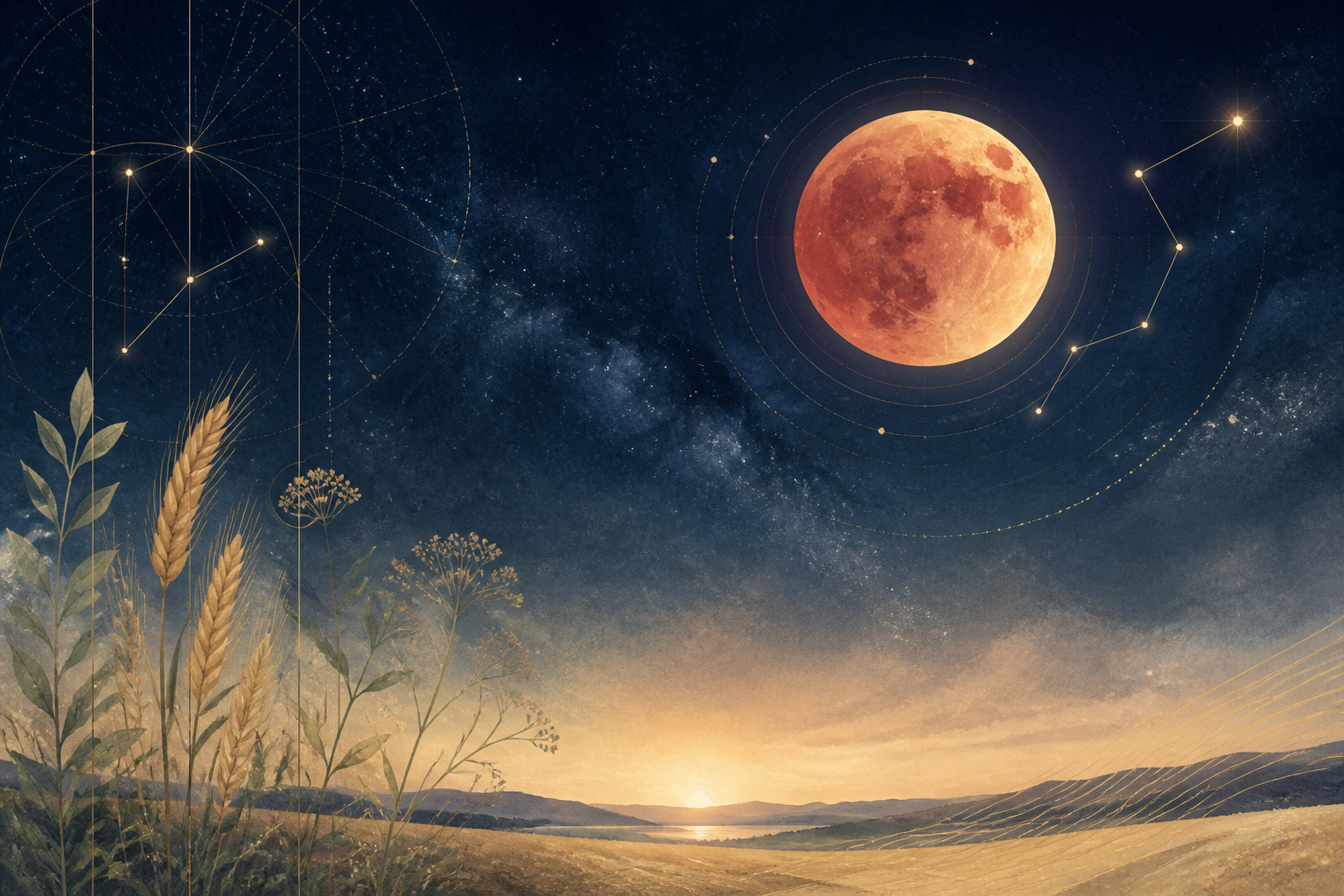 A warm Full Moon above a wheat field and quiet hills beneath a starry sky.